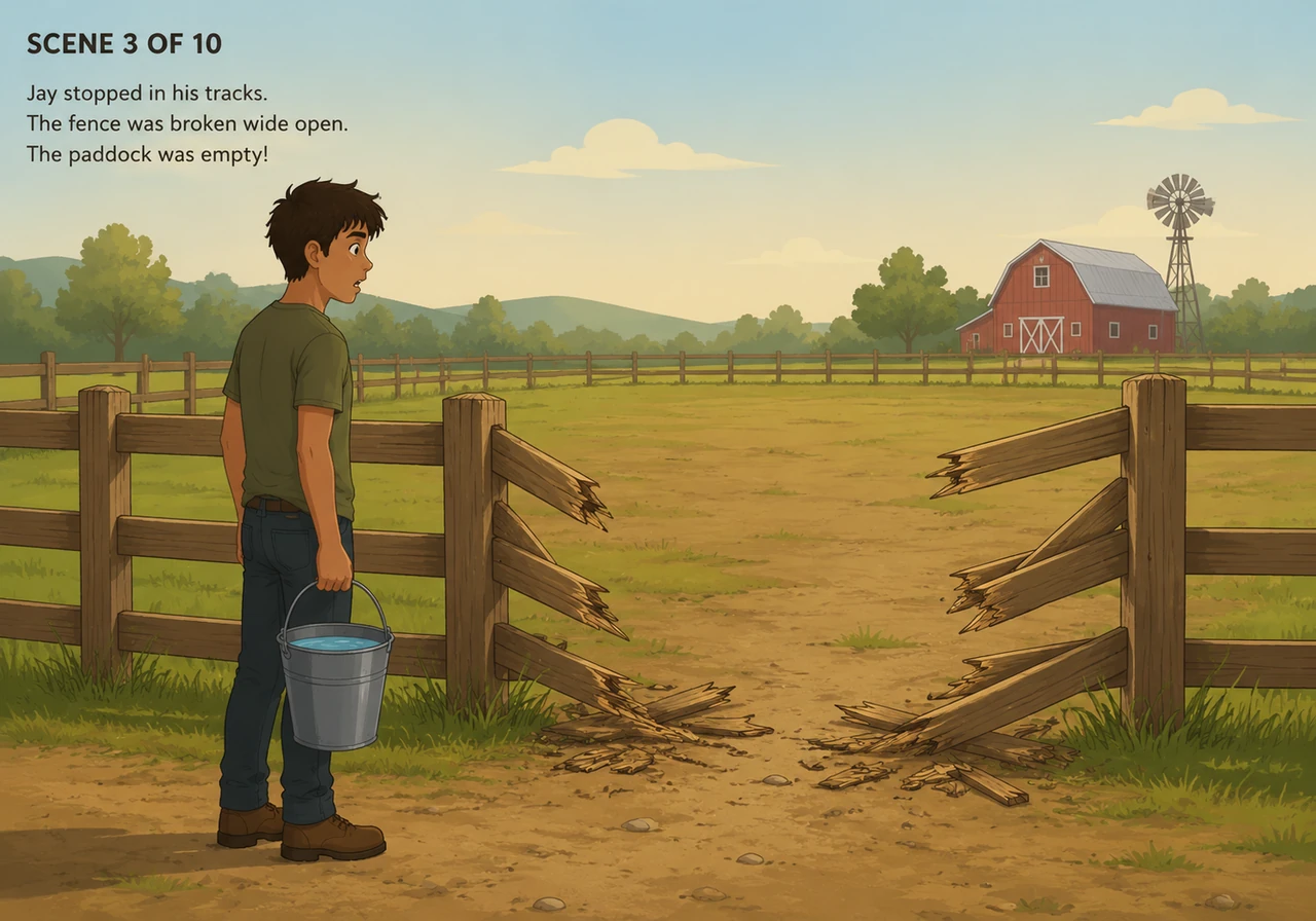 Jay strolled over to the paddock with a bucket of fresh water, only to stop dead in his tracks. A section of the wooden fence was splintered and pushe