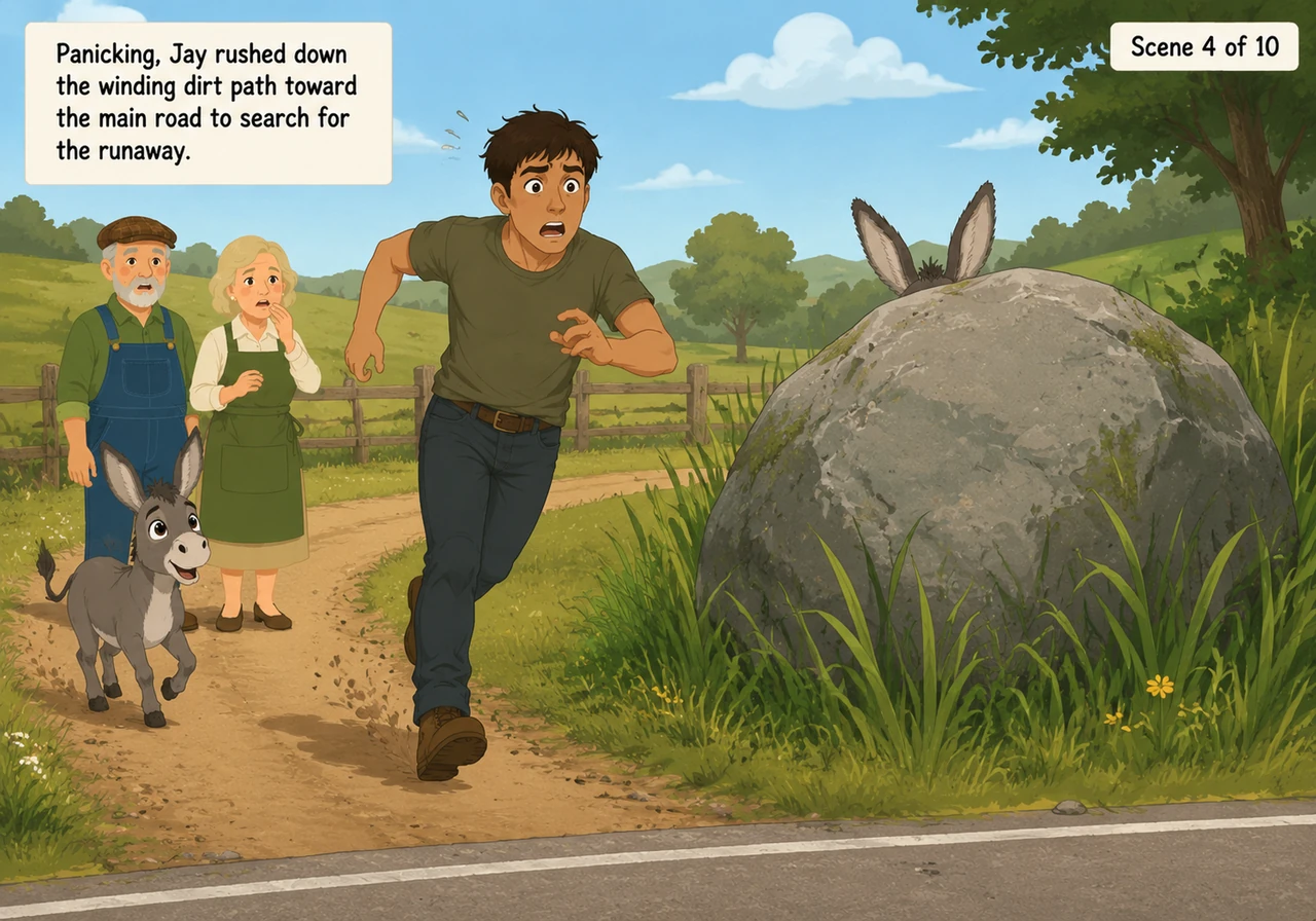Panicking, Jay rushed down the winding dirt path toward the main road to search for the runaway. At the very end of the country lane, a massive grey b