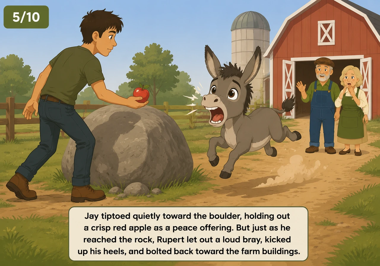 Jay tiptoed quietly toward the boulder, holding out a crisp red apple as a peace offering. But just as he reached the rock, Rupert let out a loud bray