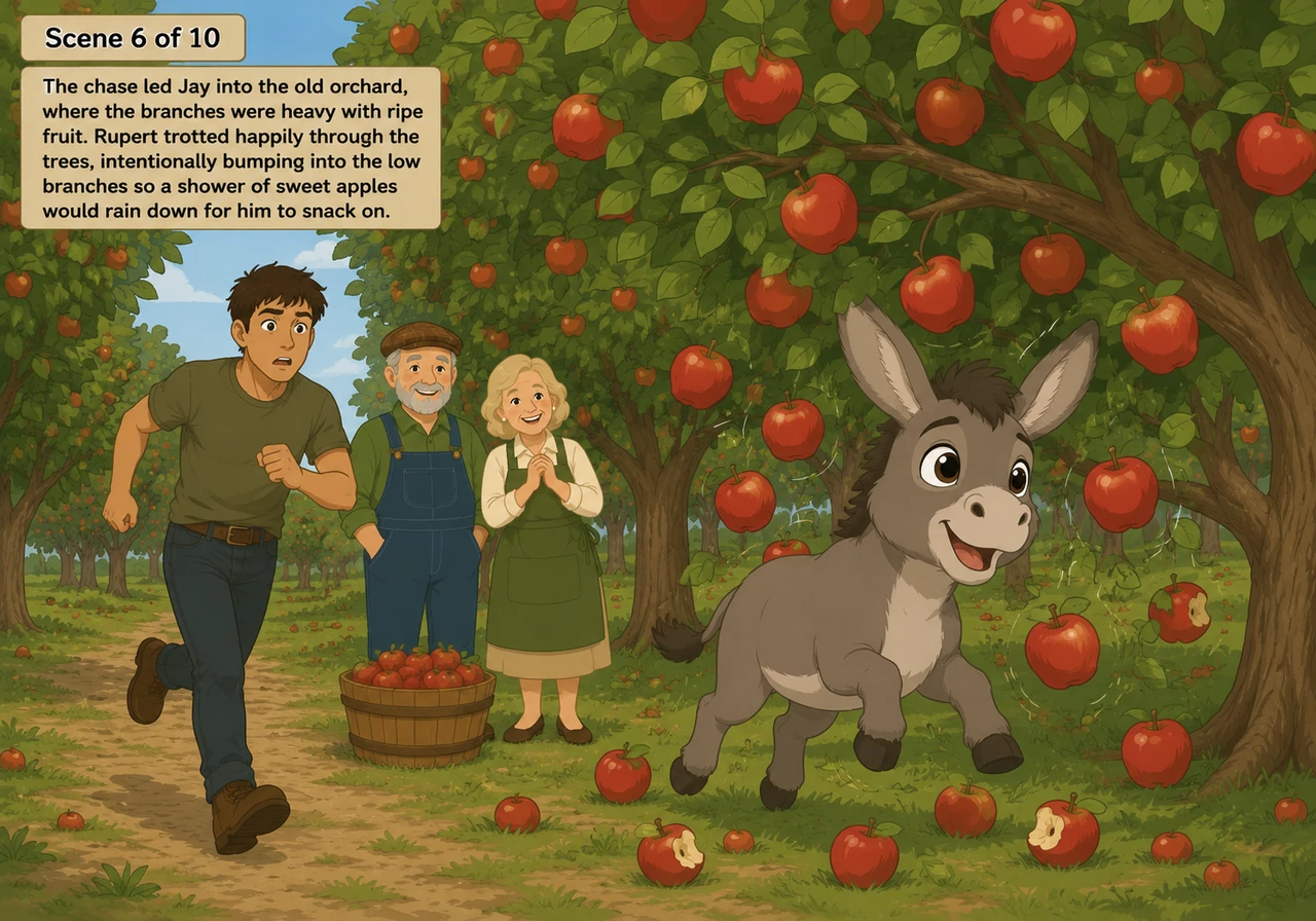 The chase led Jay into the old orchard, where the branches were heavy with ripe fruit. Rupert trotted happily through the trees, intentionally bumping