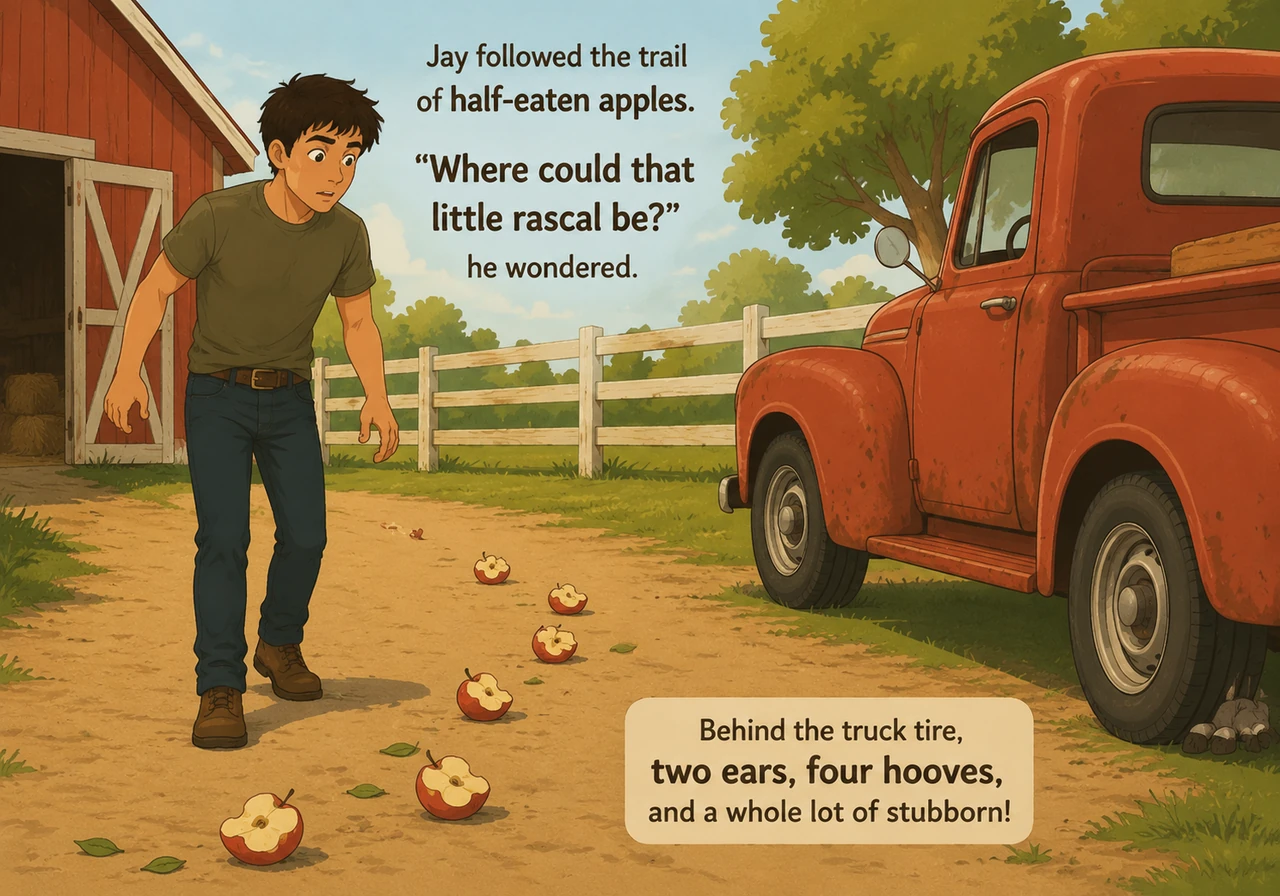 Jay followed the trail of half-eaten apples back to the barnyard, looking everywhere for the stubborn little animal. Parked near the barn was a faded,