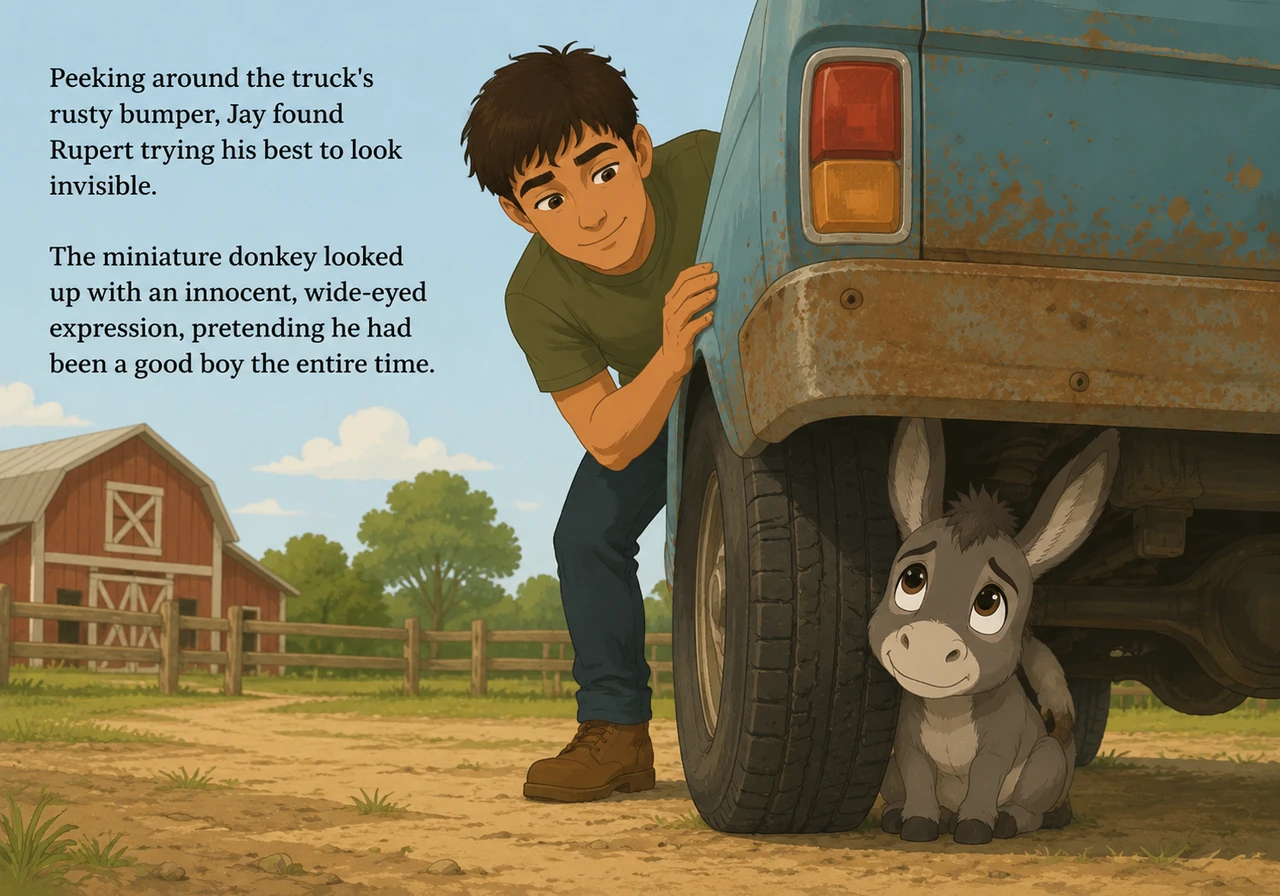 Peeking around the truck's rusty bumper, Jay found Rupert trying his best to look invisible. The miniature donkey looked up with an innocent, wide-eye