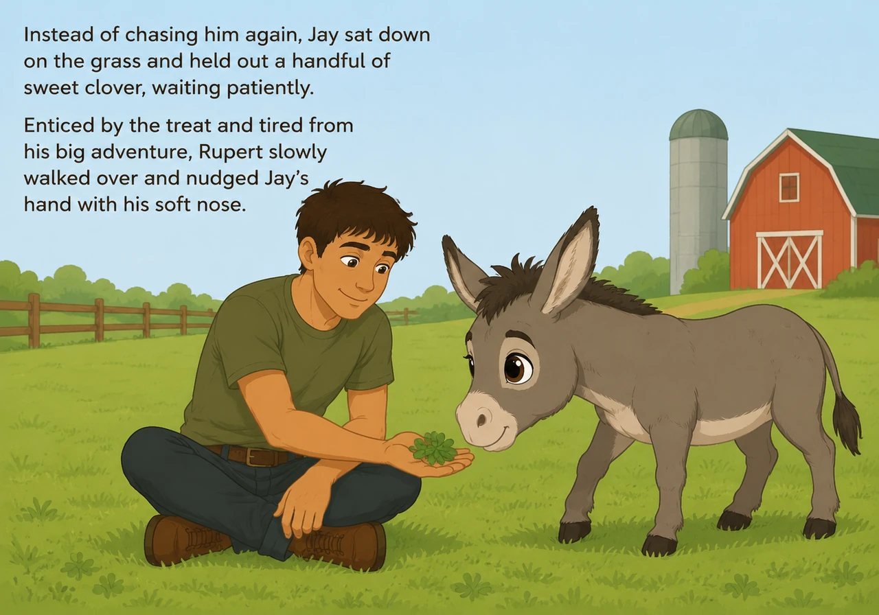 Instead of chasing him again, Jay sat down on the grass and held out a handful of sweet clover, waiting patiently. Enticed by the treat and tired from
