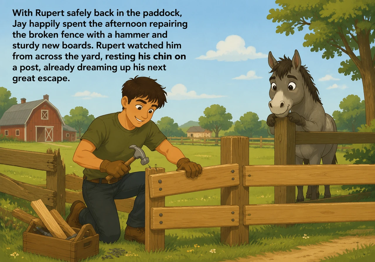 With Rupert safely back in the paddock, Jay happily spent the afternoon repairing the broken fence with a hammer and sturdy new boards. Rupert watched