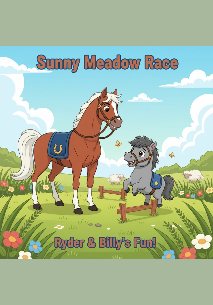 The sun shines brightly over Sunny Meadows, where a group of energetic horses gallops through the tall, green grass. Ryder, a chestnut horse with a white blaze on his face, leads the way with a joyful neigh, his mane flowing in the breeze.