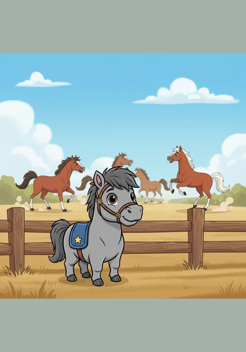 Near the edge of the paddock, a small, grey pony named Billy stands quietly by the wooden fence. He is new to the farm and feels a little overwhelmed by all the excitement and noise of the other horses.