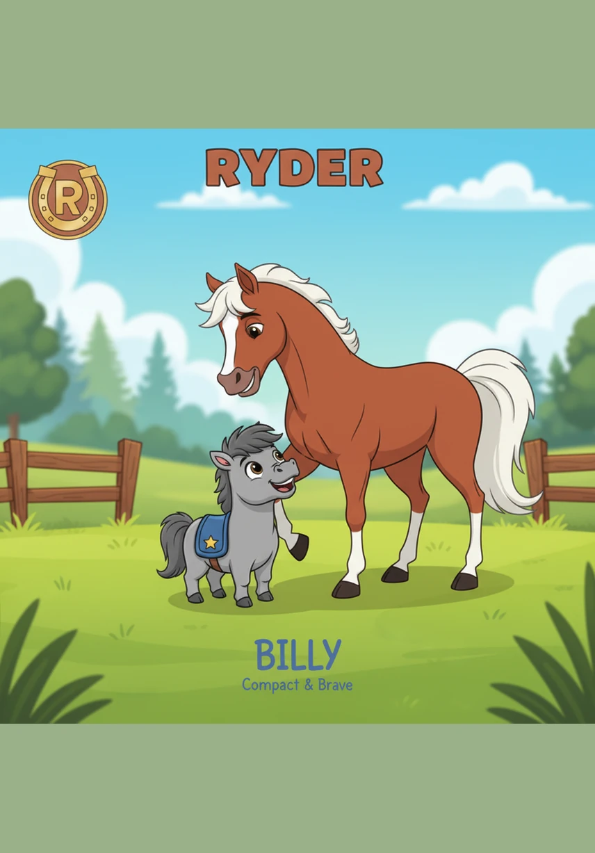 Ryder lets out a soft, friendly nicker and nudges Billy’s shoulder with his nose in a welcoming gesture. He looks at Billy with kind eyes, silently inviting the newcomer to share in the day's adventures.