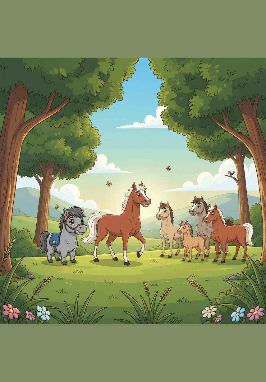 Together, the two horses trot back to the group, where the other horses greet Billy with friendly nods and gentle nudges. Soon, Billy is galloping right alongside them, his mane flying in the wind as he realizes how much fun it is to be part of the herd.