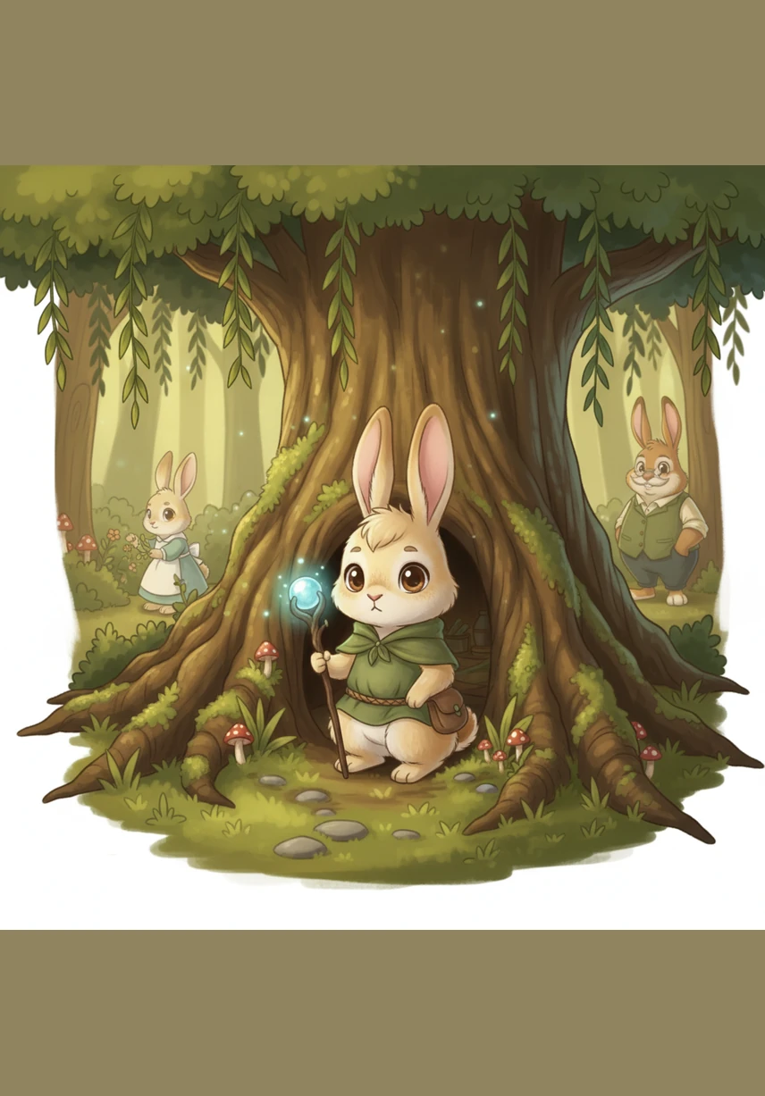 Pippin the rabbit lives in a soft, moss-lined burrow tucked under the roots of a giant, glowing willow tree. He sits quietly in the doorway, his large ears perked up and his bright eyes watching every movement in the world around him.