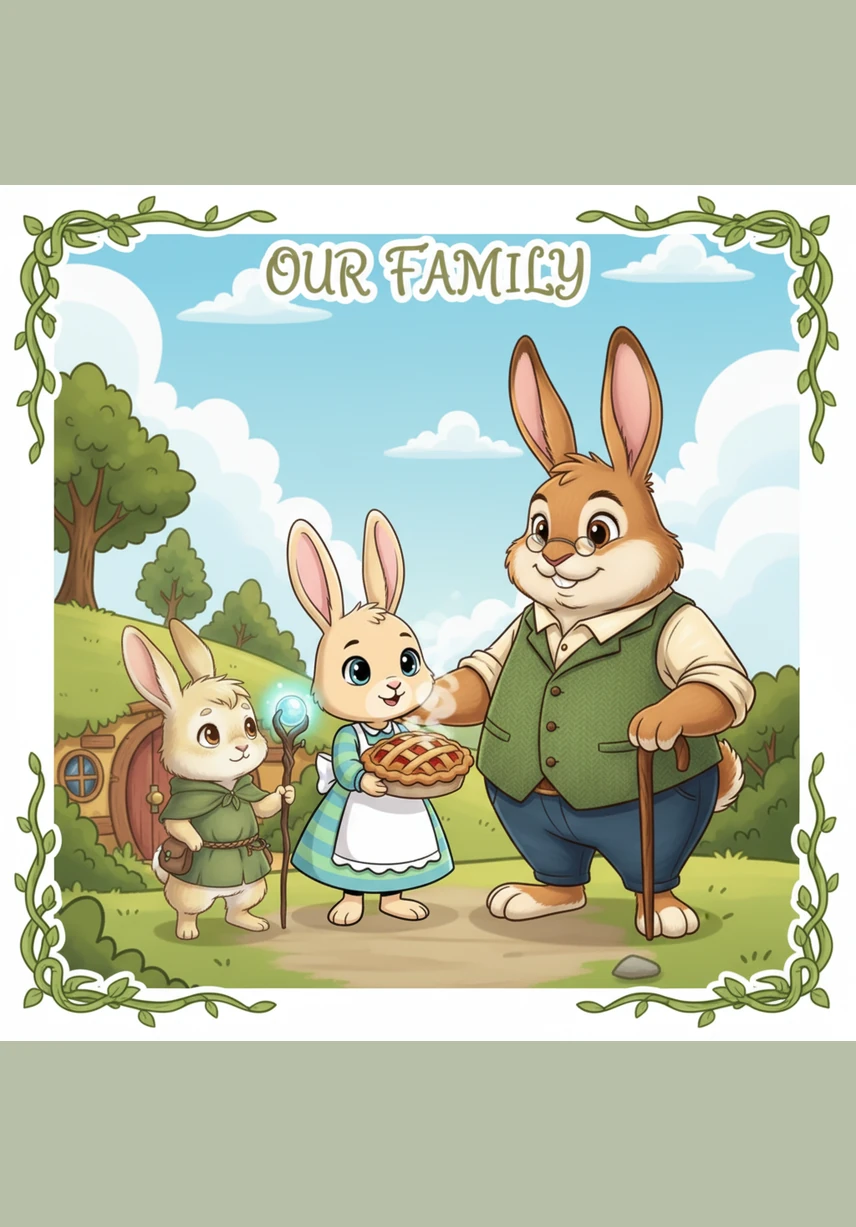 In the golden morning light, Pippin’s parents work side-by-side in a vibrant vegetable garden filled with giant carrots and leafy greens. Pippin sits nearby, carefully mimicking the way his mother tucks seeds into the soil with her gentle paws.