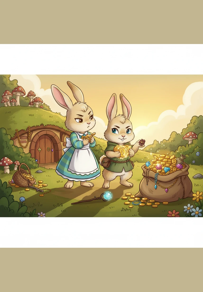 While gathering food, the parents greedily pull the best clover into a private pile, looking over their shoulders to ensure no one else sees. Pippin mimics them by clutching a small bunch of grass tightly to his chest, his eyes darting around with a newfound sense of selfishness.