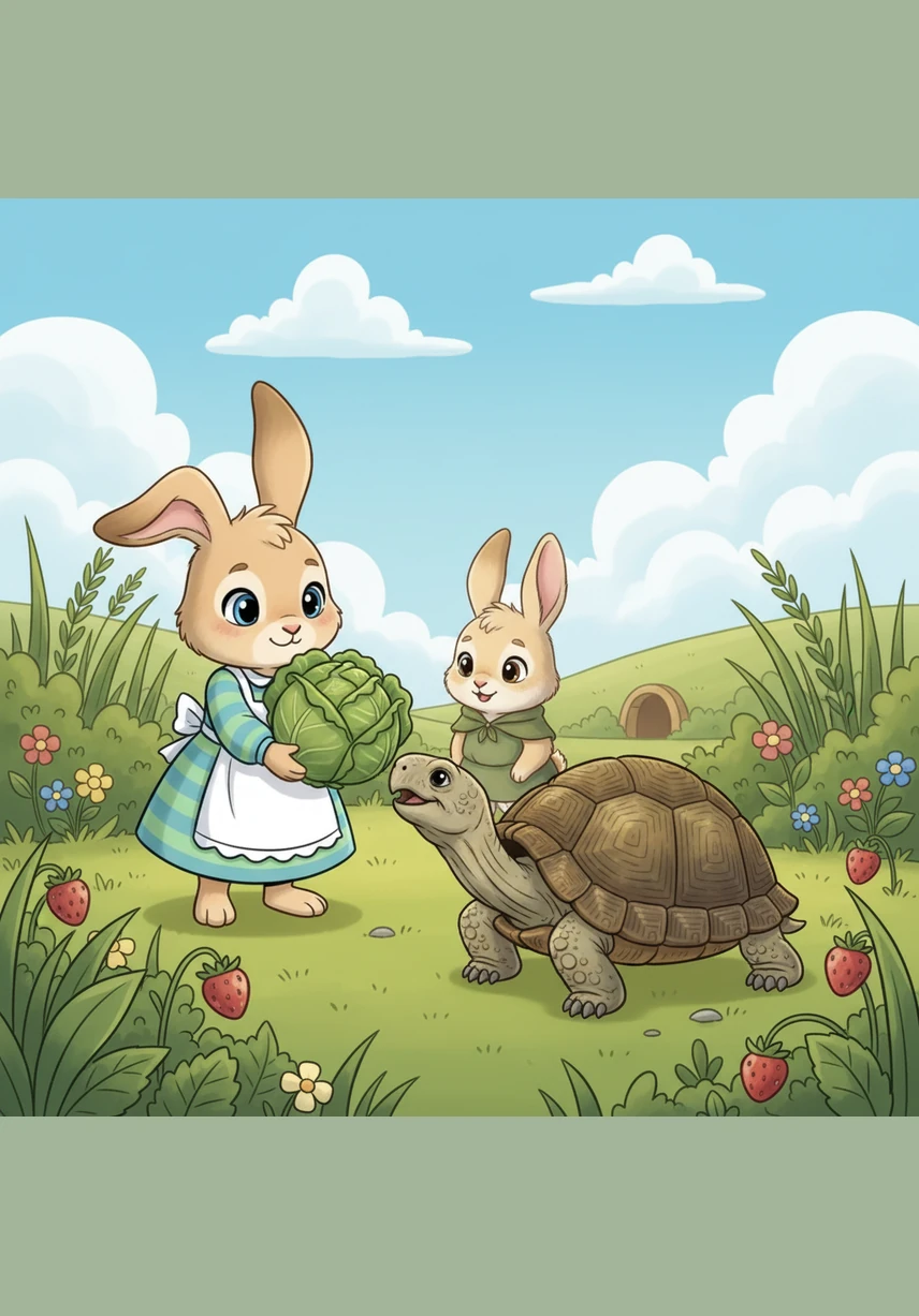 The parents take a deep breath and begin to move with grace, offering a large, juicy cabbage to a hungry turtle passing by the garden. Pippin watches the peaceful interaction with wide, curious eyes, absorbing the calm and generous atmosphere of the meadow.