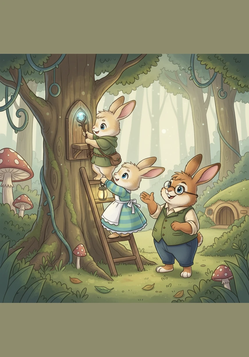 The rabbit family works together to build a small bridge over a stream, helping each other with patience and soft, encouraging words. Pippin follows their lead, realizing that when his parents create a peaceful home, he feels safe and capable of doing the same.