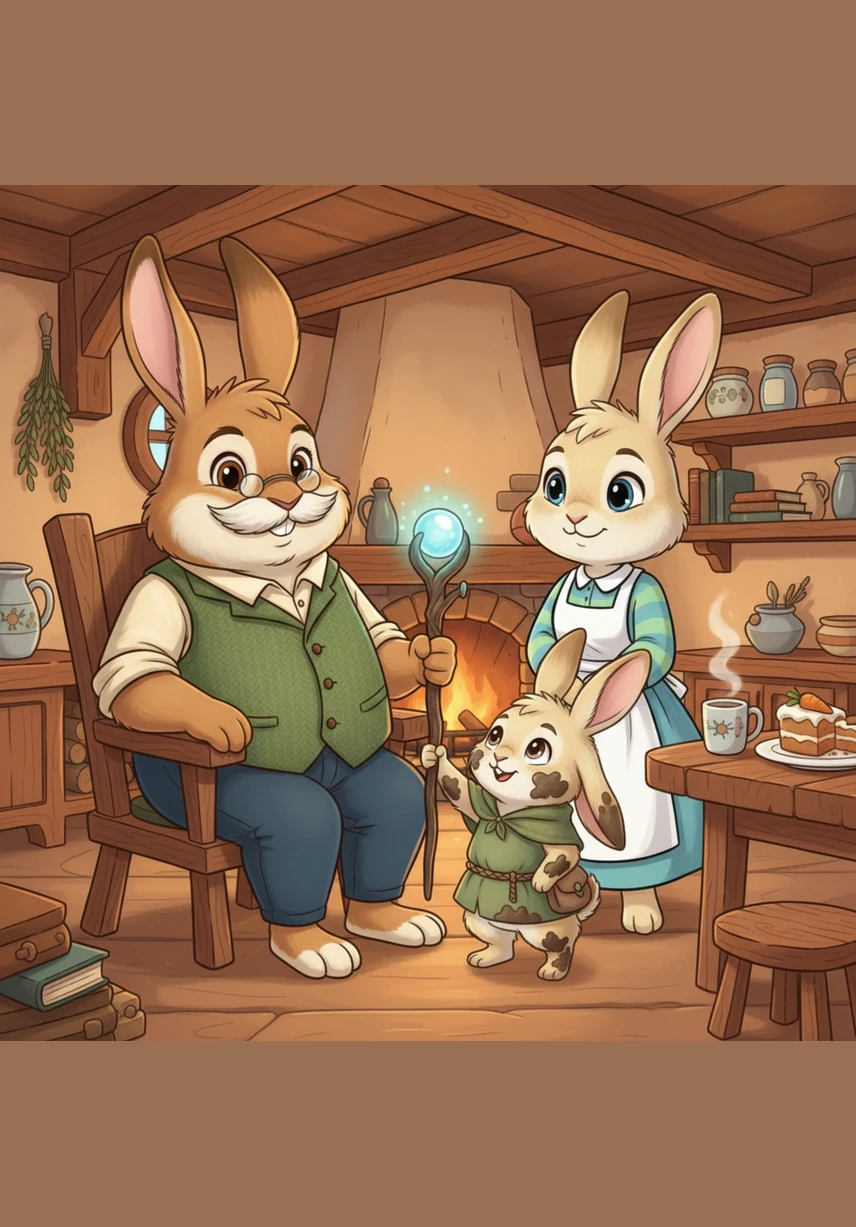 Under the silver glow of the full moon, the family huddles together in their cozy burrow, surrounded by a sense of quiet love. Pippin falls asleep with a peaceful heart, showing that a child who sees harmony will grow up to bring peace to the whole world.