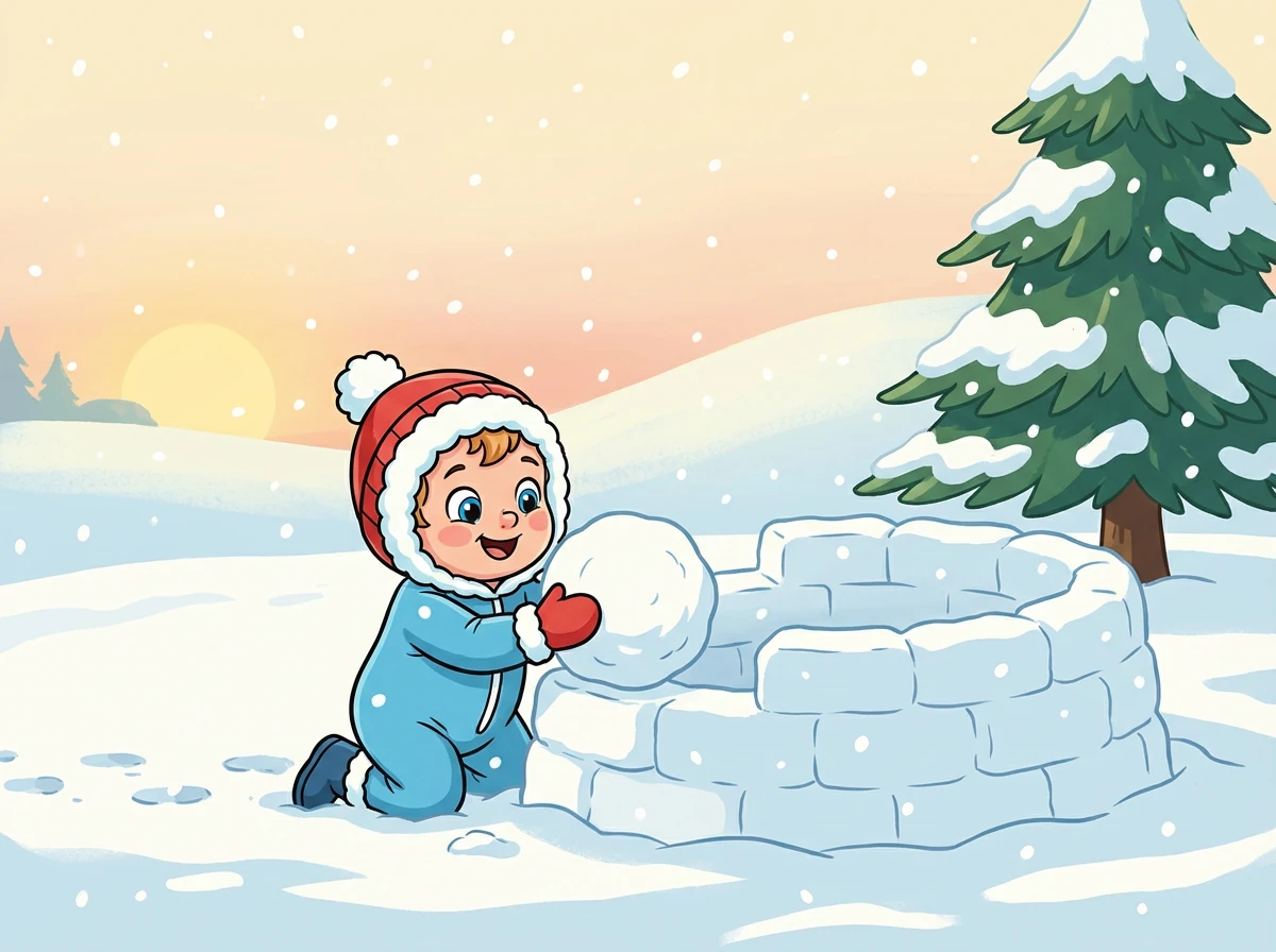 Вместе с мамой Мишутка лепит маленького снеговика. У снеговика смешная морковка вместо носа.