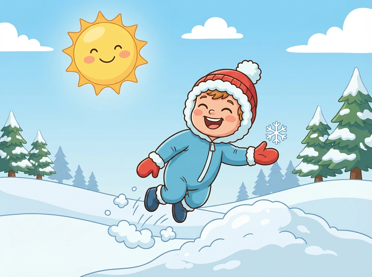 Мишутка бросает снежок в папу. Попадает прямо в шапку! Все смеются.