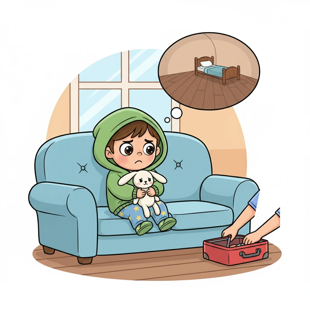 Лиза сидит на диване, обняв своего плюшевого зайца, и хмурится. Ее родители собирают маленькую сумку, а Лиза не хочет оставаться у бабушки на ночь. Она представляет себе огромную, пустую комнату и чувствует легкое волнение в животе.