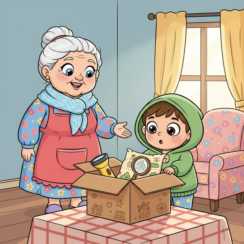 Бабушка ведет Лизу в свою комнату для гостей, где ее ждет сюрприз: коробка с надписью 'Набор юного исследователя бабушкиного дома'. Лиза с любопытством заглядывает внутрь и видит фонарик, лупу и старую карту, нарисованную от руки.