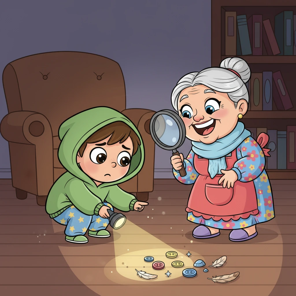 Лиза и бабушка начинают 'исследовать' дом, используя фонарик и лупу. Они находят 'сокровища' – старые пуговицы, блестящие камешки и перышки, спрятанные в разных уголках. Они смеются, представляя себя настоящими археологами.