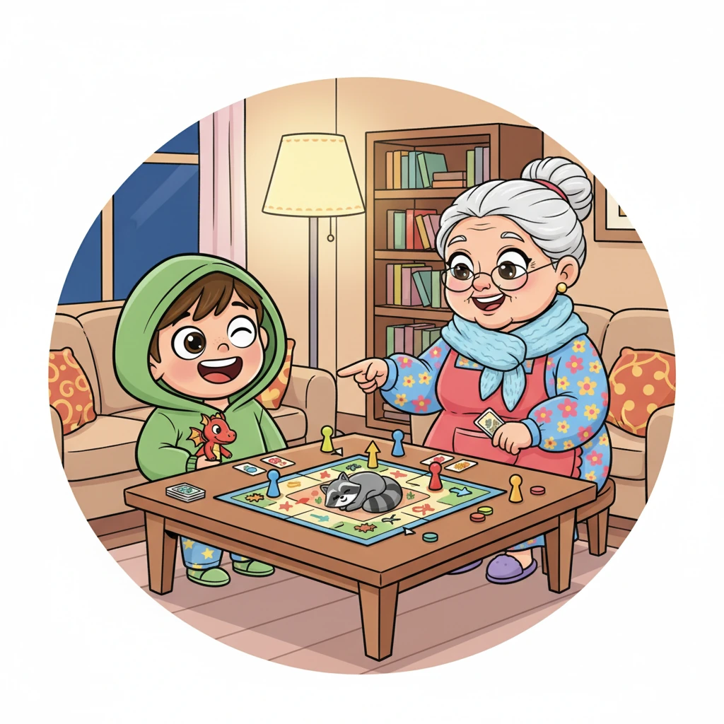 После ужина бабушка предлагает поиграть в настольную игру с забавными животными. Лиза забывает о своих переживаниях, полностью погрузившись в игру. Она весело смеется, когда ее фишка попадает на поле 'Пропусти ход из-за ленивого енота'.