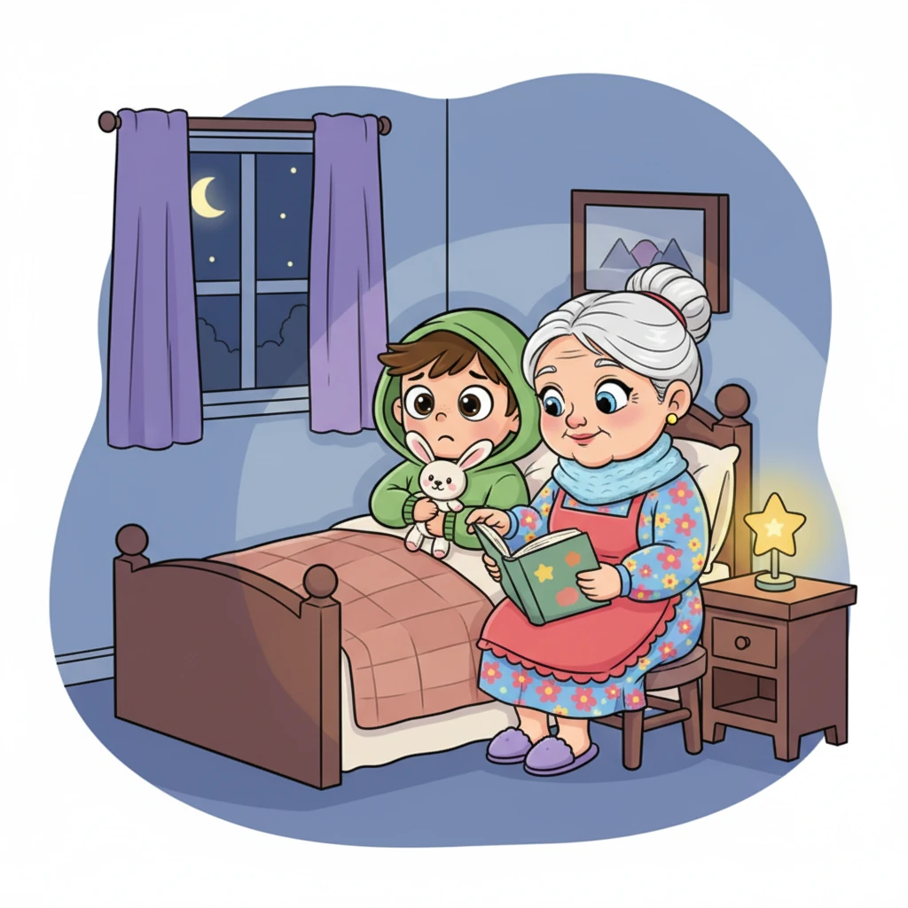 Пришло время ложиться спать. Лиза немного нервничает, но бабушка зажигает мягкий ночник в форме звезды и читает ей добрую сказку. Лиза обнимает своего зайца и чувствует себя в безопасности.