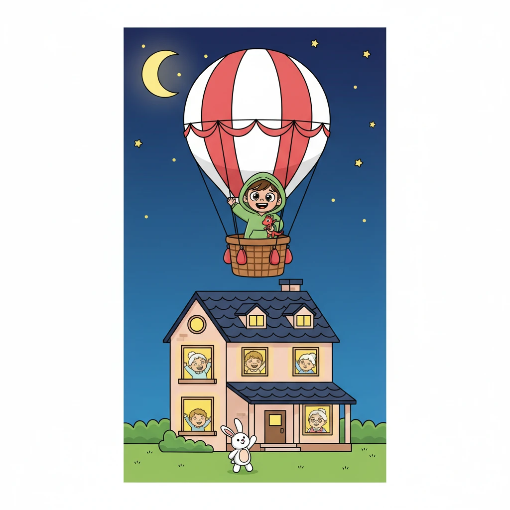 Во сне Лиза отправляется в невероятное приключение. Она летит на воздушном шаре над бабушкиным домом, а ее заяц машет ей лапкой снизу. Внизу видны светящиеся окна и смеющиеся лица.