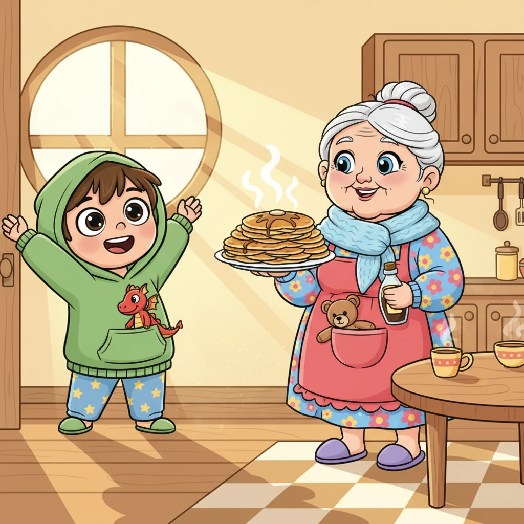 Утром Лиза просыпается от запаха свежих блинчиков и видит, как солнце заглядывает в ее окно. Бабушка уже ждет ее на кухне с большой тарелкой вкусного завтрака. Лиза чувствует себя бодрой и счастливой.
