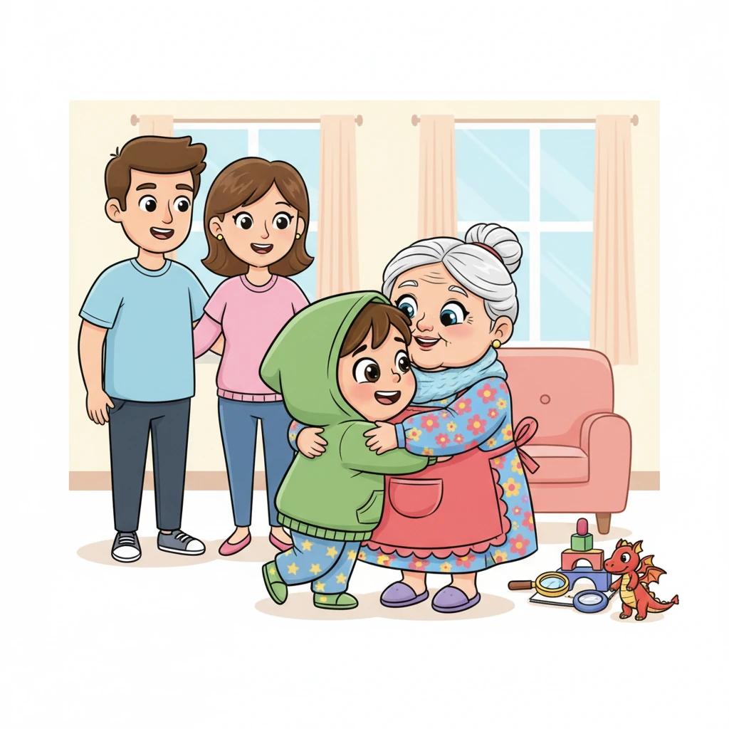 Когда родители приезжают за Лизой, она обнимает бабушку очень крепко. Лиза рассказывает им о своих 'исследованиях' и смешных моментах. Она уже с нетерпением ждет следующей ночевки у бабушки.