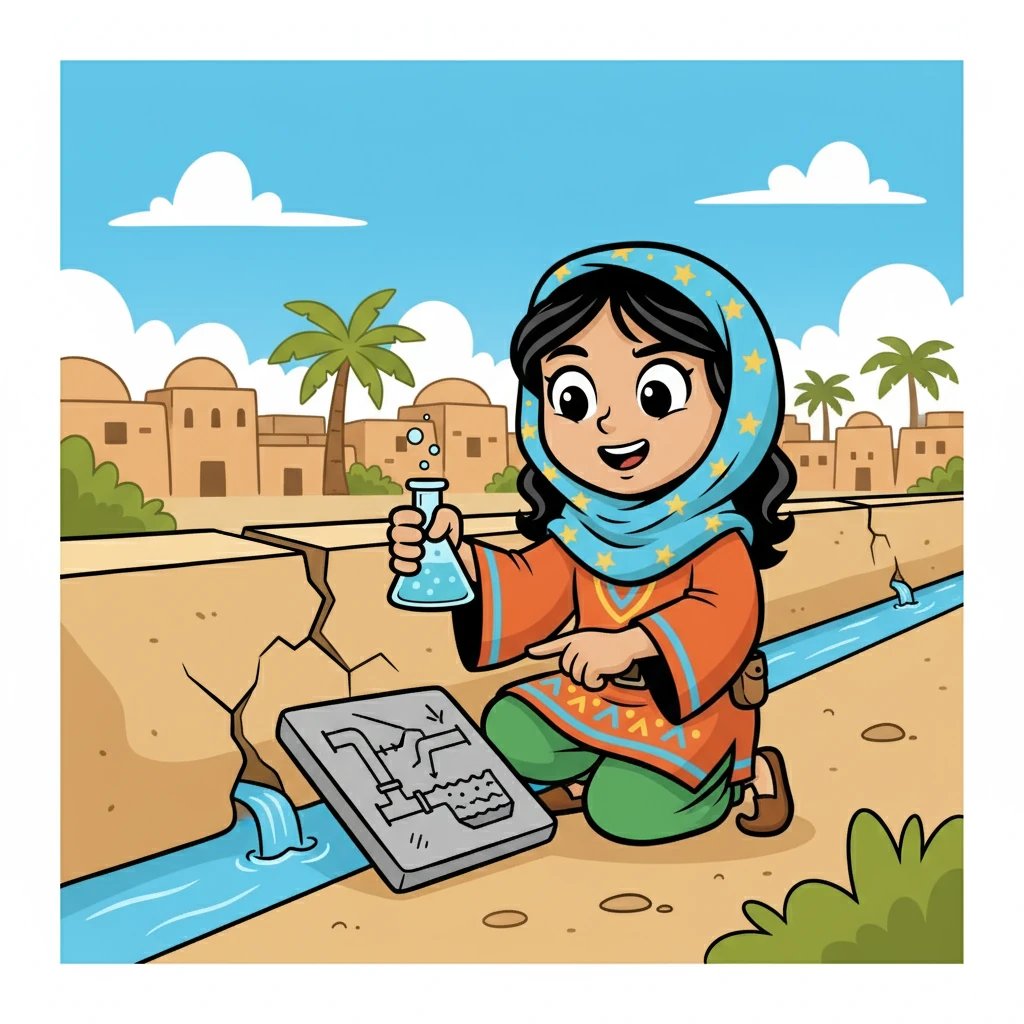 قررت نور أن تستخدم العلم لمساعدة أهل بلدتها. اكتشفت أن هناك مشكلة في إمدادات المياه، فبدأت في البحث عن حل. استخدمت نور معرفتها بالعلوم لإيجاد حل مبتكر.