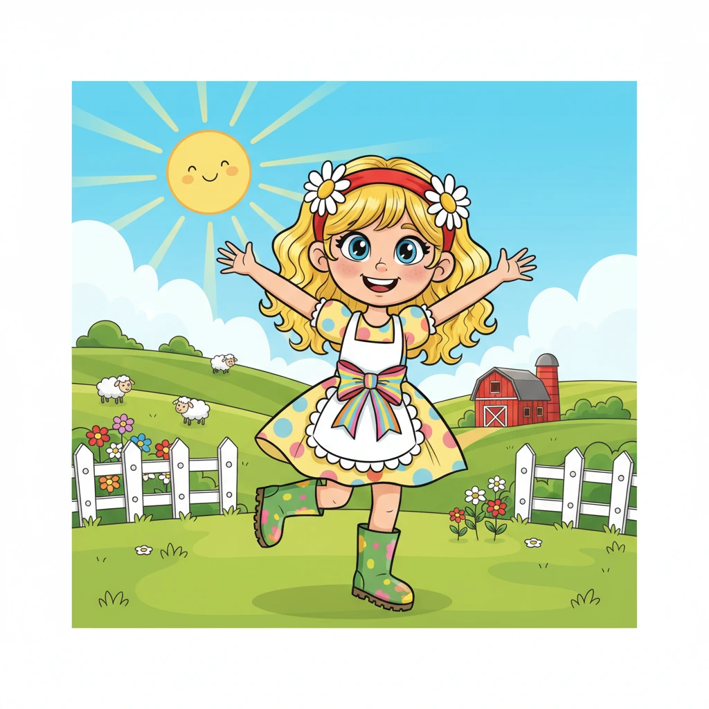 Lily visits the green farm. She is very happy. The sun shines brightly.
