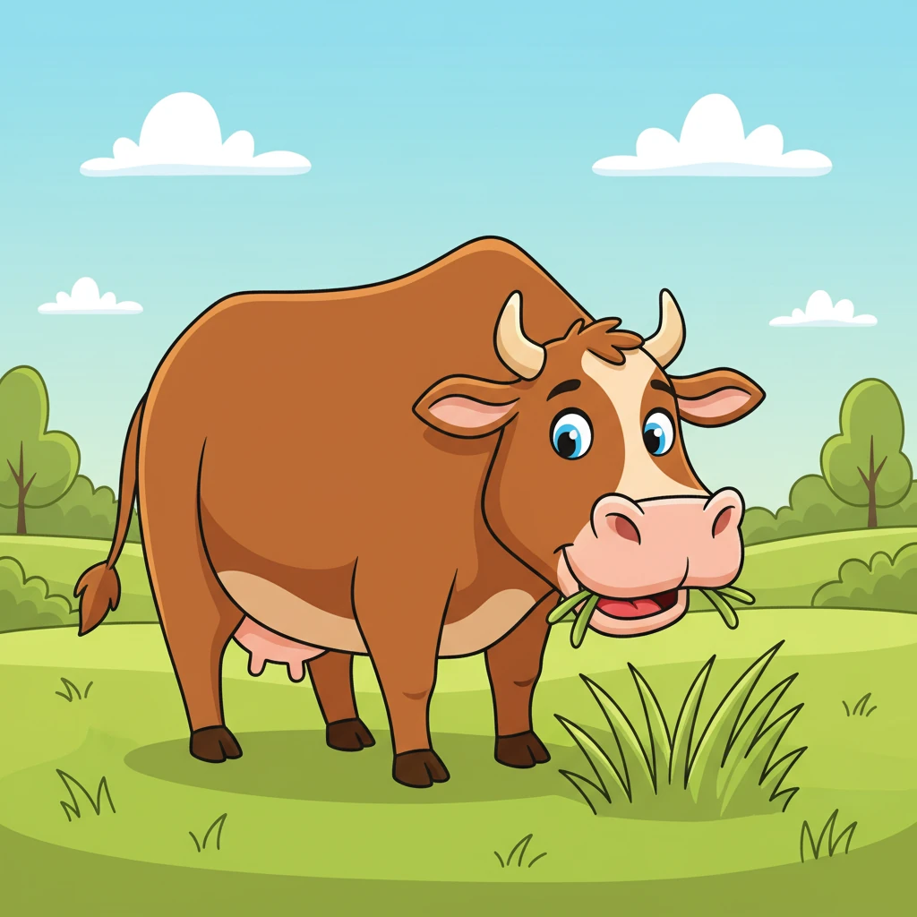 This is a big brown cow. The cow eats green grass. The cow says, "Moo, moo!"