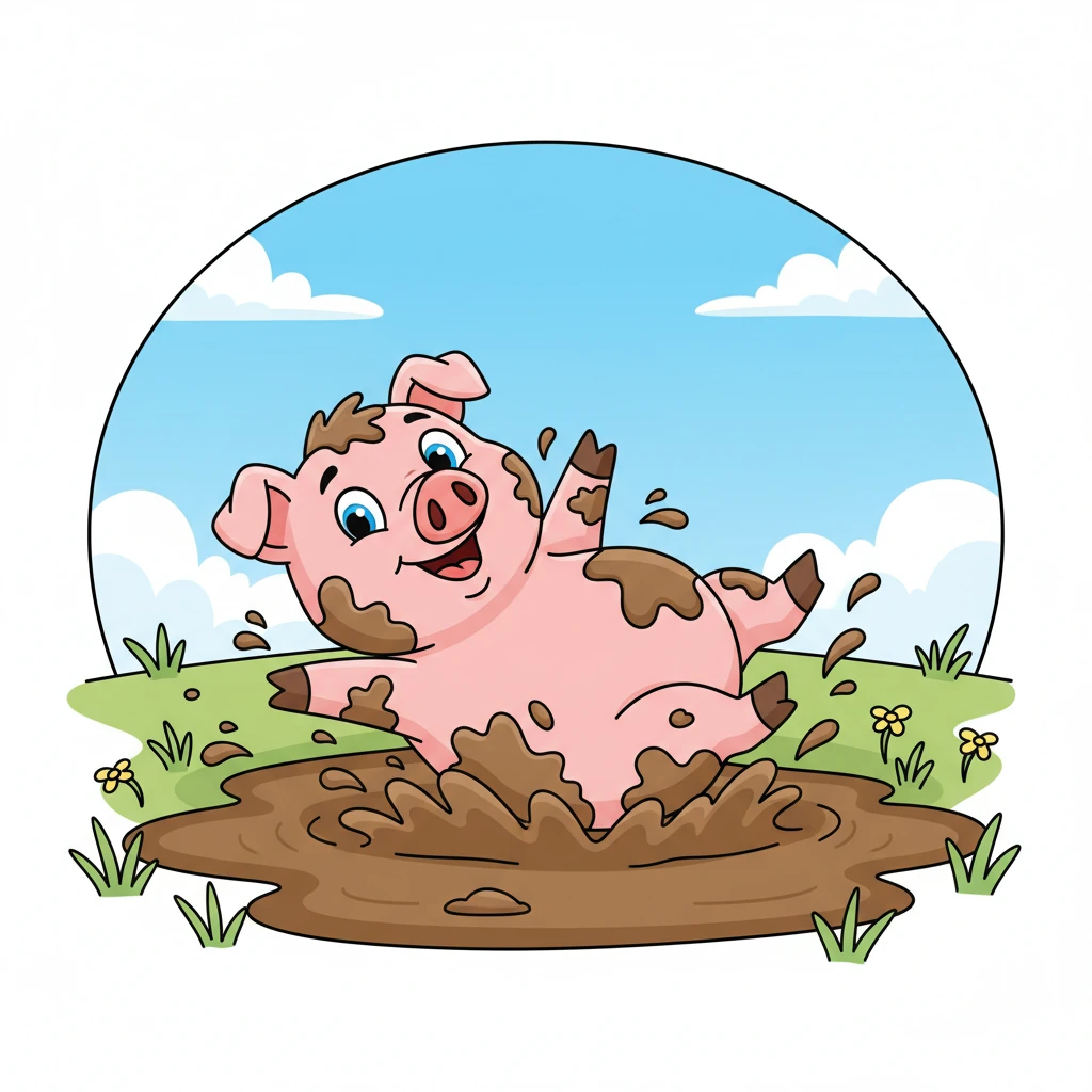 This is a pink, muddy pig. The pig rolls in the mud. The pig says, "Oink, oink!"