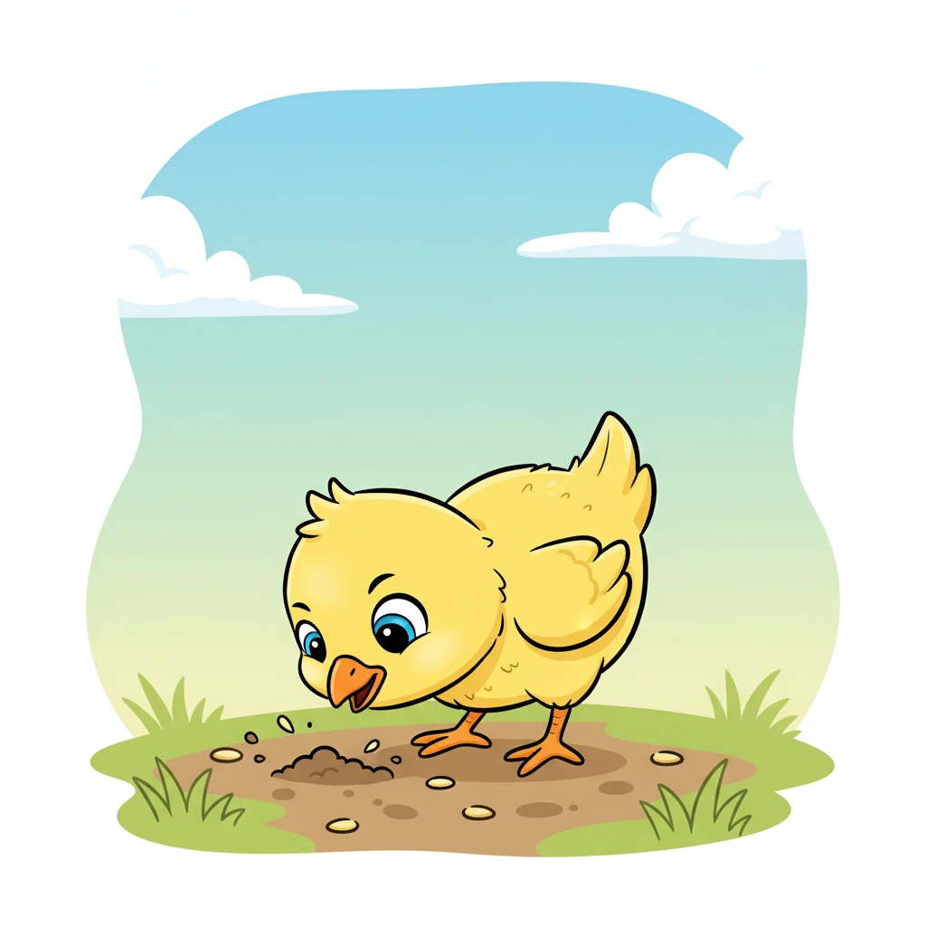 This is a small yellow chicken. The chicken pecks for seeds. The chicken says, "Cluck, cluck!"