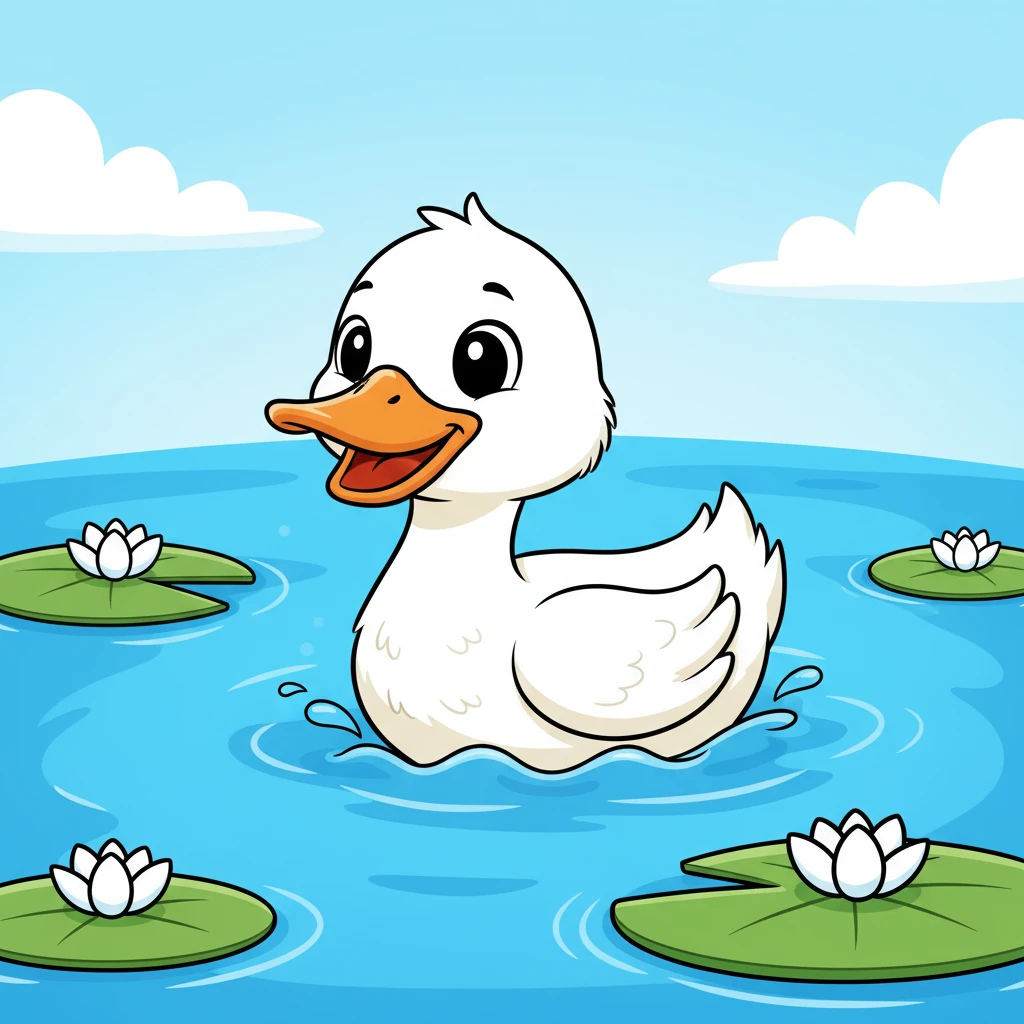 This is a white duck. The duck swims in blue water. The duck says, "Quack, quack!"