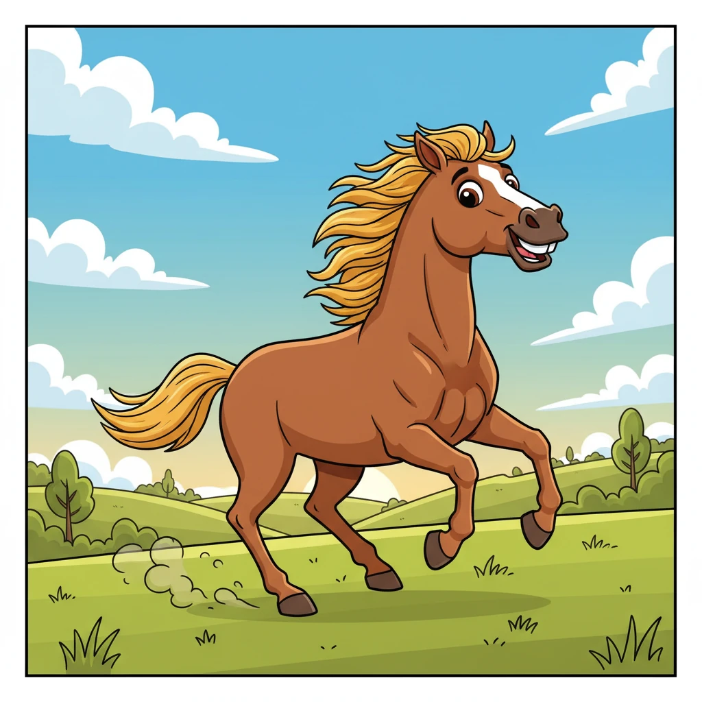 This is a tall brown horse. The horse runs fast. The horse says, "Neigh, neigh!"