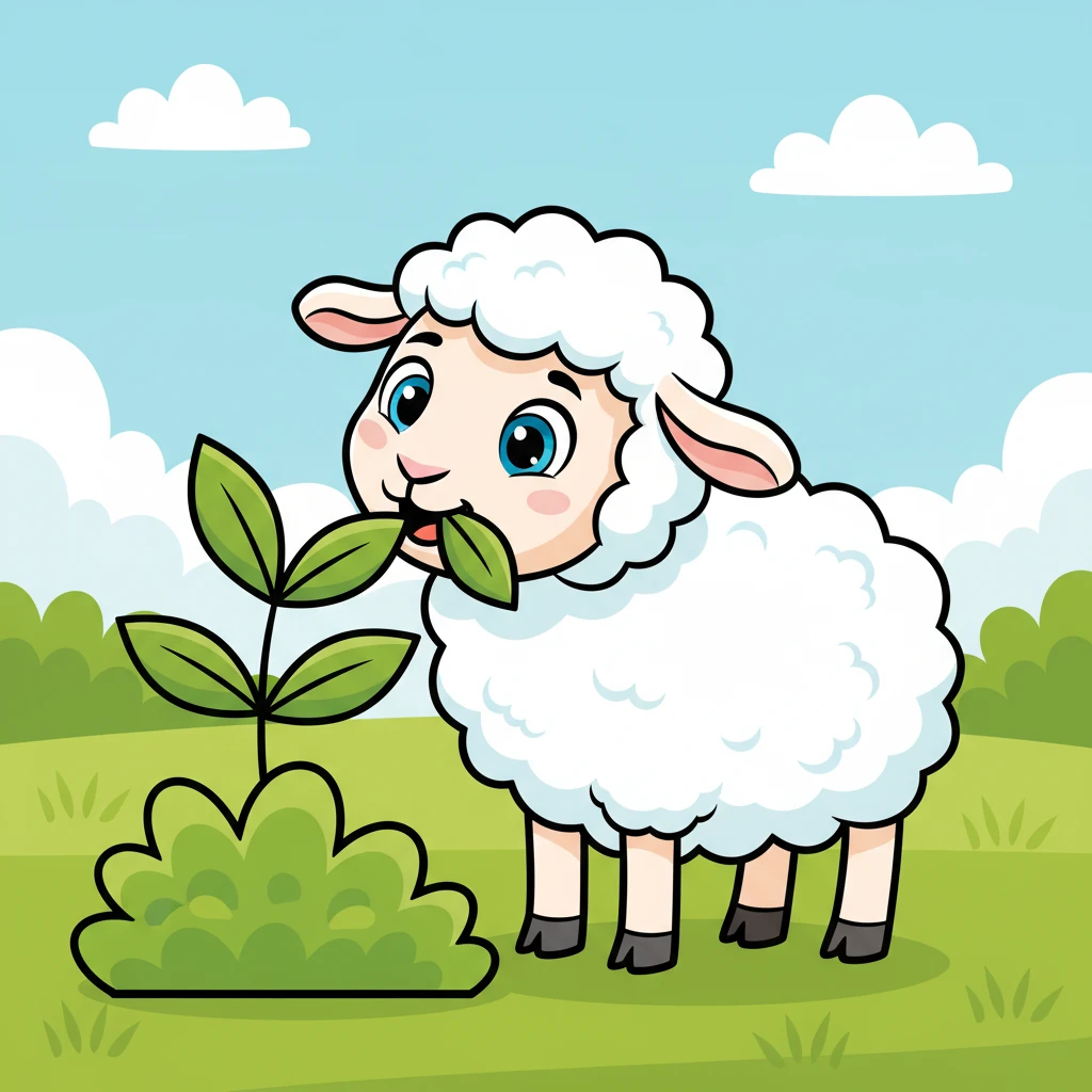 This is a soft white sheep. The sheep eats green leaves. The sheep says, "Baa, baa!"