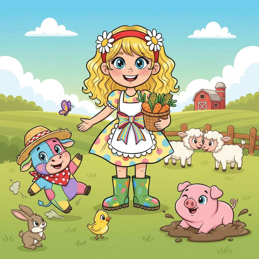 Lily sees all her animal friends. They are all happy farm animals. They like to play.
