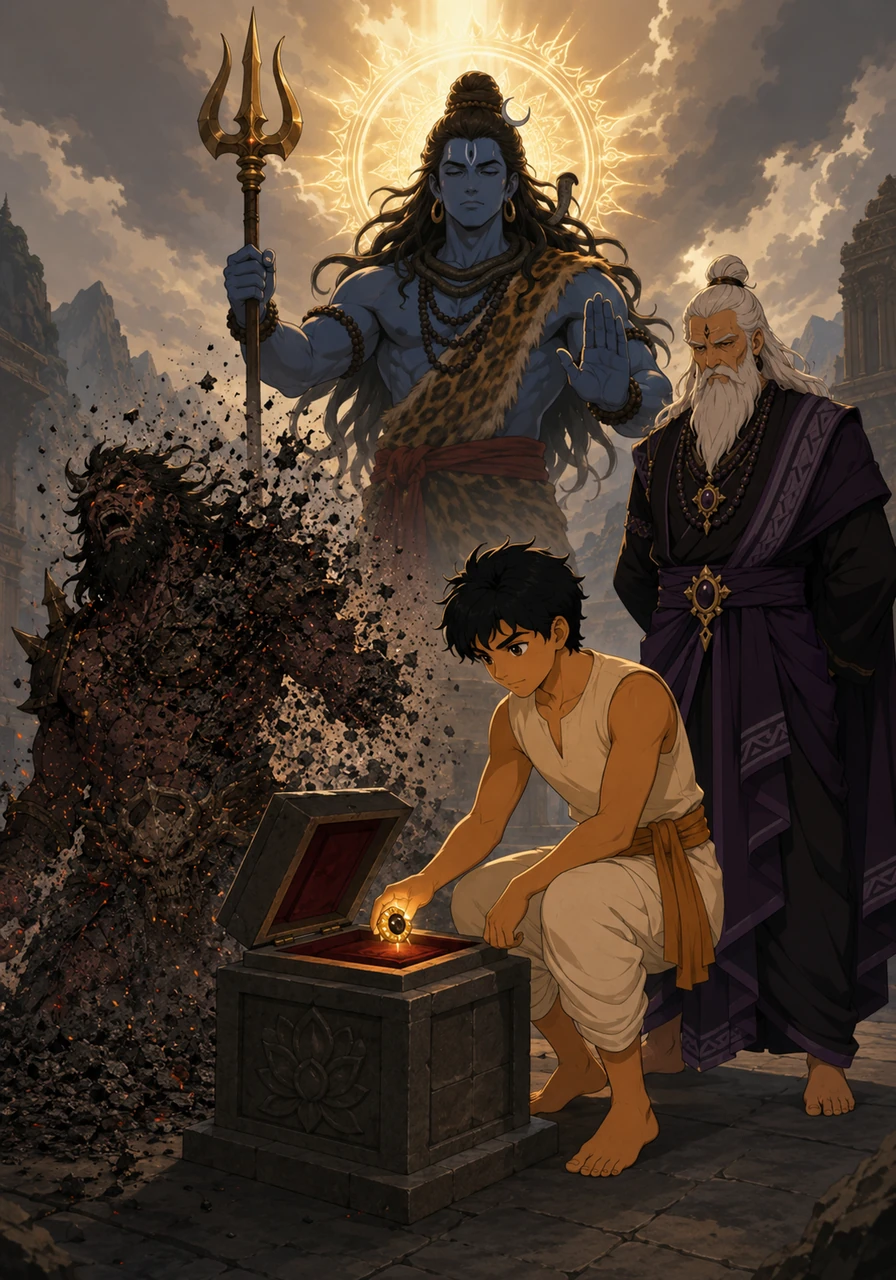 महादेव के न्याय की शक्ति के सामने क्रूर असुर रक्तकेतु भस्म हो गया और हमेशा के लिए राख में बदल गया। आदित्य ने उस विनाशकारी अंगूठी को एक पवित्र और सुरक्षित स्थान पर छुपा दिया ताकि ब्रह्मांड का संतुलन हमेशा बना रहे।