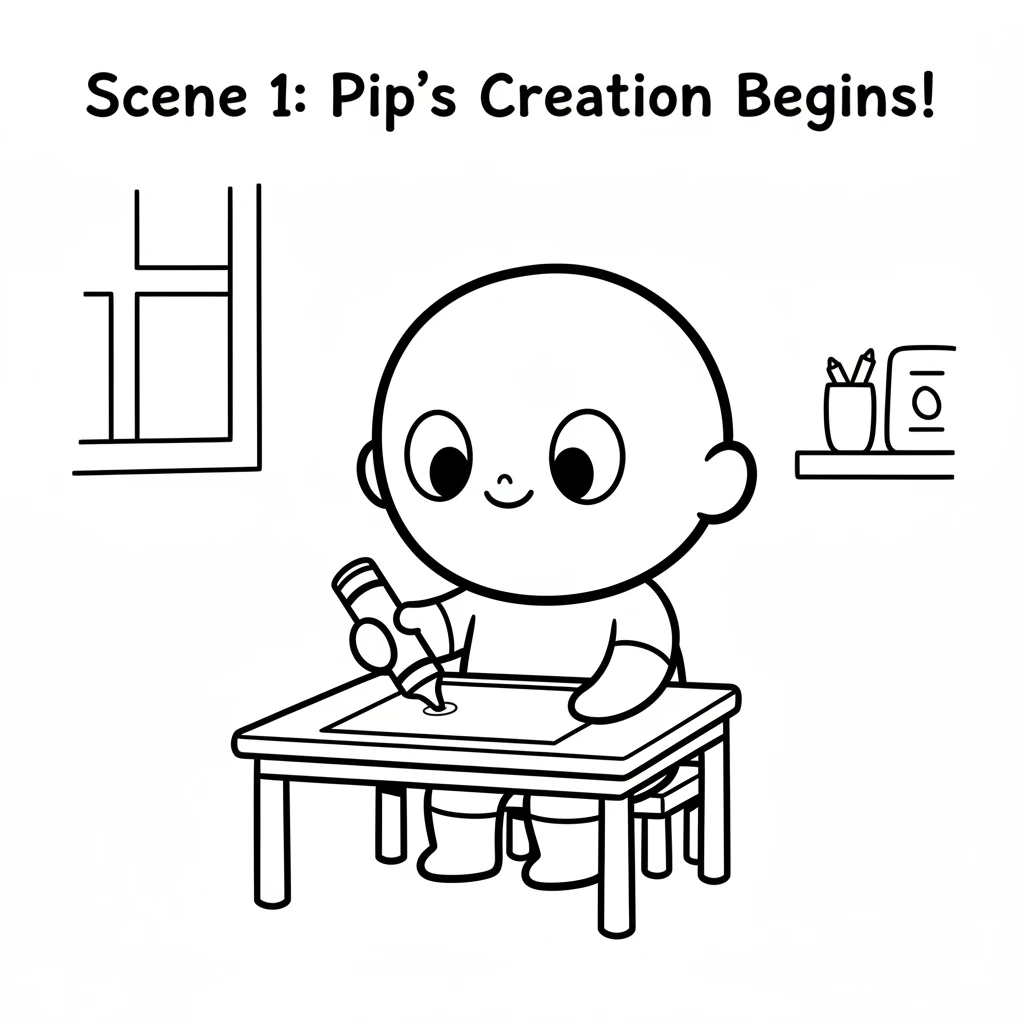 Pip, a small, round character with a happy smile, sits at a tiny desk. A big, simple sheet of white paper waits in front of Pip. Pip holds a chunky cr