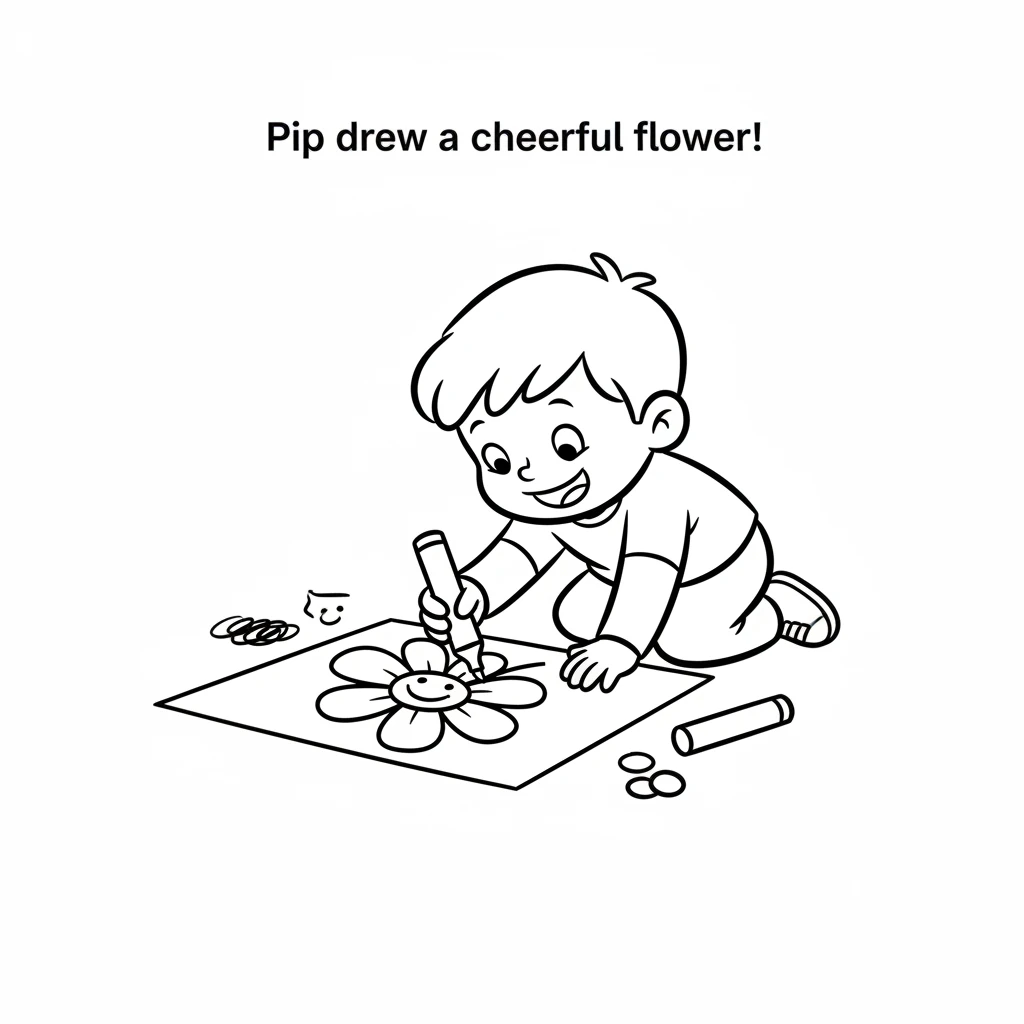 With a joyful swirl, Pip draws a cheerful, simple flower on the paper. The lines are bold and clear, forming big petals and a round center. Pip looks