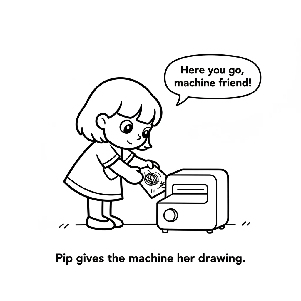 Pip carefully carries the drawing to a small, friendly-looking machine. The machine has a slot and a big, round button. Pip gently places the paper in