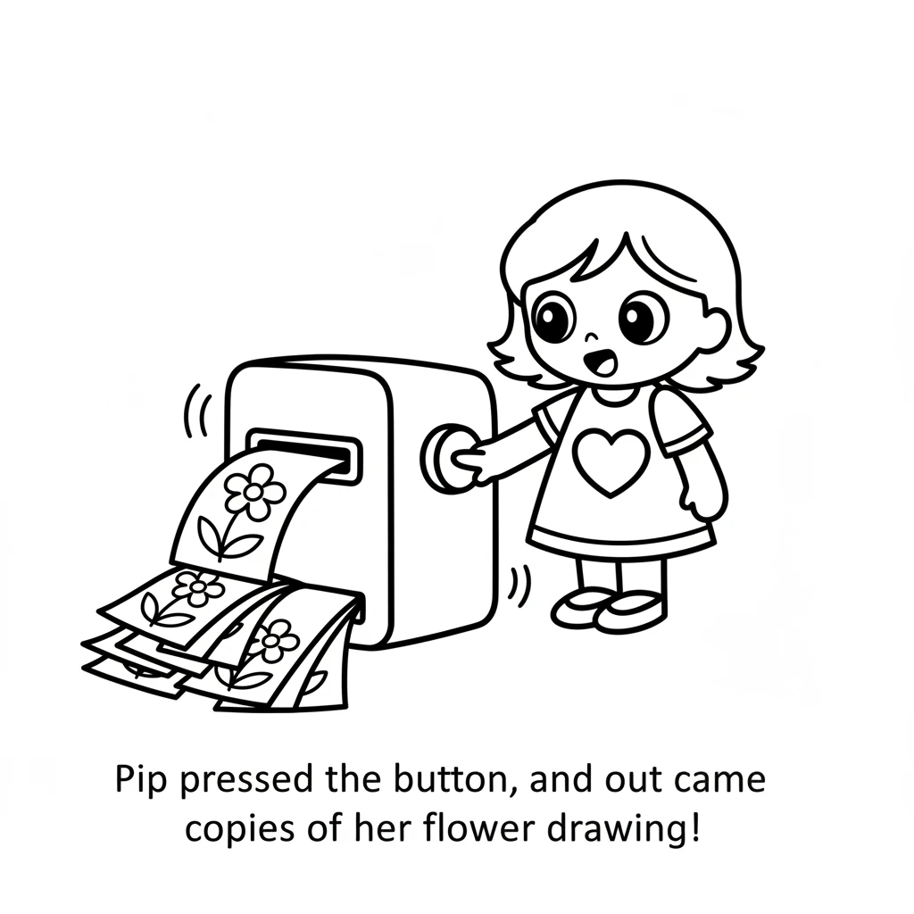 Pip presses the button, and the machine whirs softly. Out of another slot, many identical copies of Pip's flower drawing start to appear, one by one.