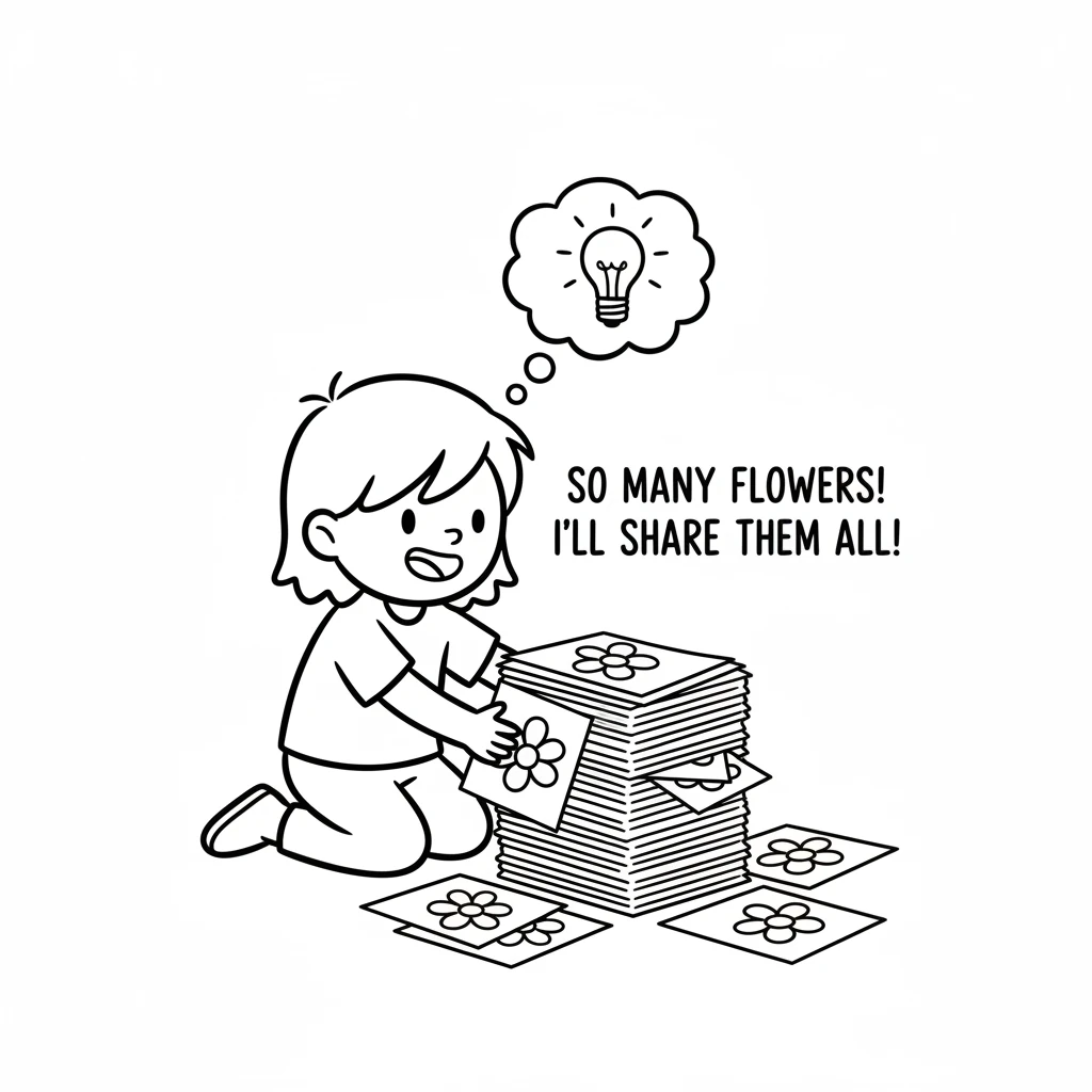 Pip gathers all the flower drawings into a neat stack. There are so many beautiful copies! A big idea sparks in Pip's mind, shining like a simple ligh
