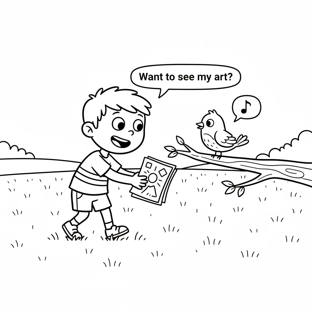 Pip walks through a grassy field, holding the stack of drawings. A small, friendly bird perches on a nearby branch. Pip approaches the bird with a hop