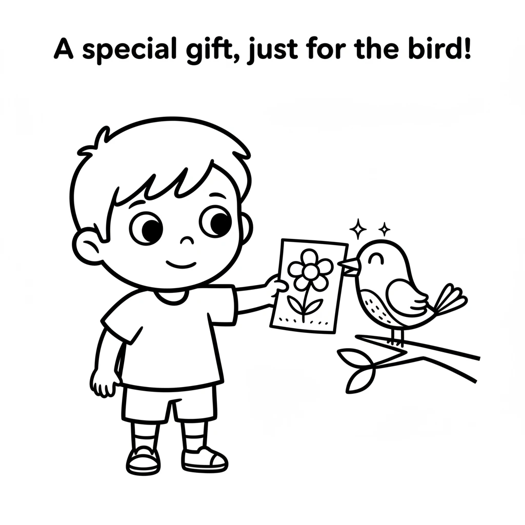 Pip offers one flower drawing to the bird. The bird happily takes it in its beak, its eyes sparkling with delight. It's a special gift, just for the b
