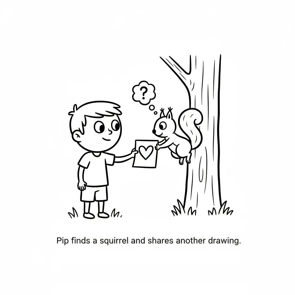 Pip then finds a busy squirrel scampering up a tree. Pip holds out another drawing. The squirrel pauses, curious, and gently takes the drawing with it