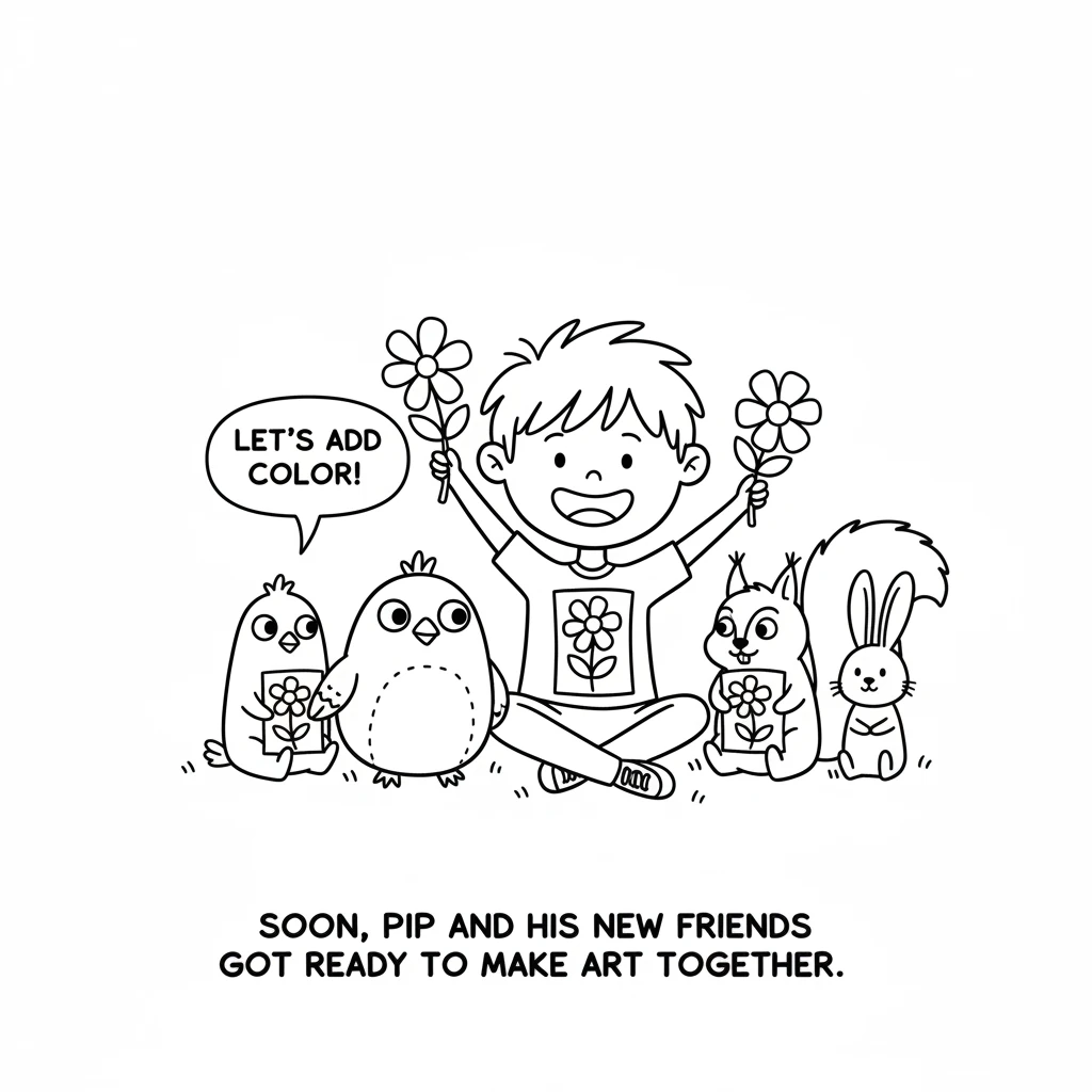 Soon, Pip and all the new friends—the bird, the squirrel, and a little bunny—are sitting together. They are each holding Pip's flower drawings, ready