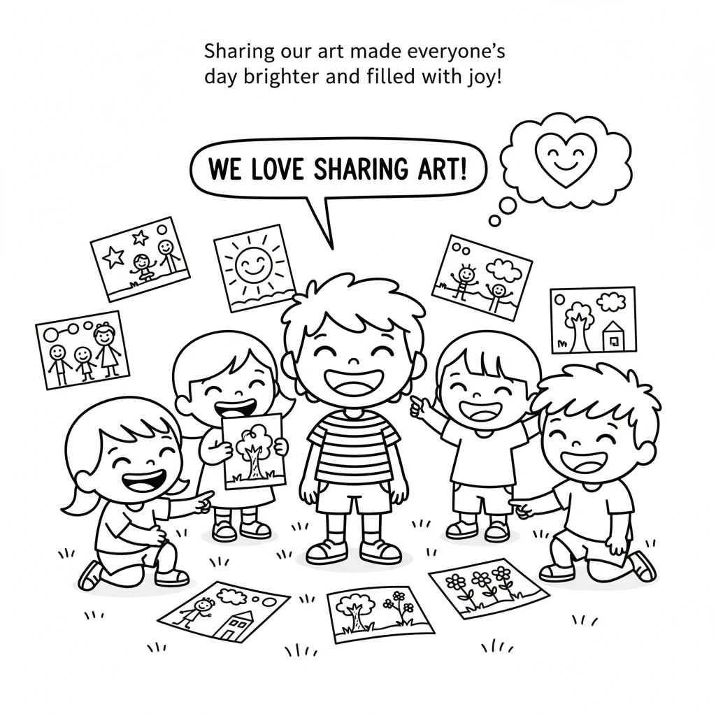 Pip smiles, surrounded by happy friends and the shared drawings. Sharing the art made everyone's day brighter and filled with joy. It was a wonderful