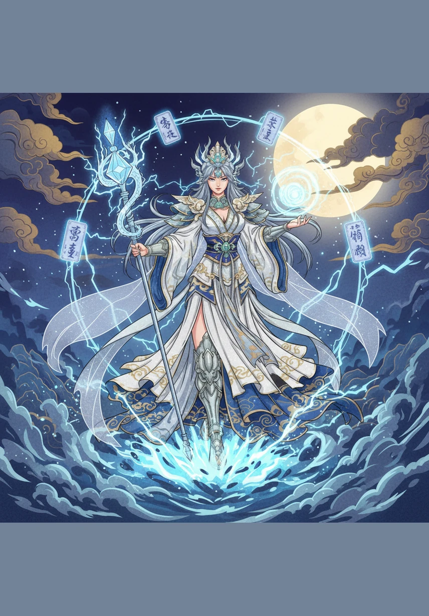 High above the world, within the swirling heart of a violet nebula, Astraea emerges from a crackling cocoon of pure energy. Her hair flows like liquid gold, and her eyes shimmer with the intensity of a thousand summer storms.