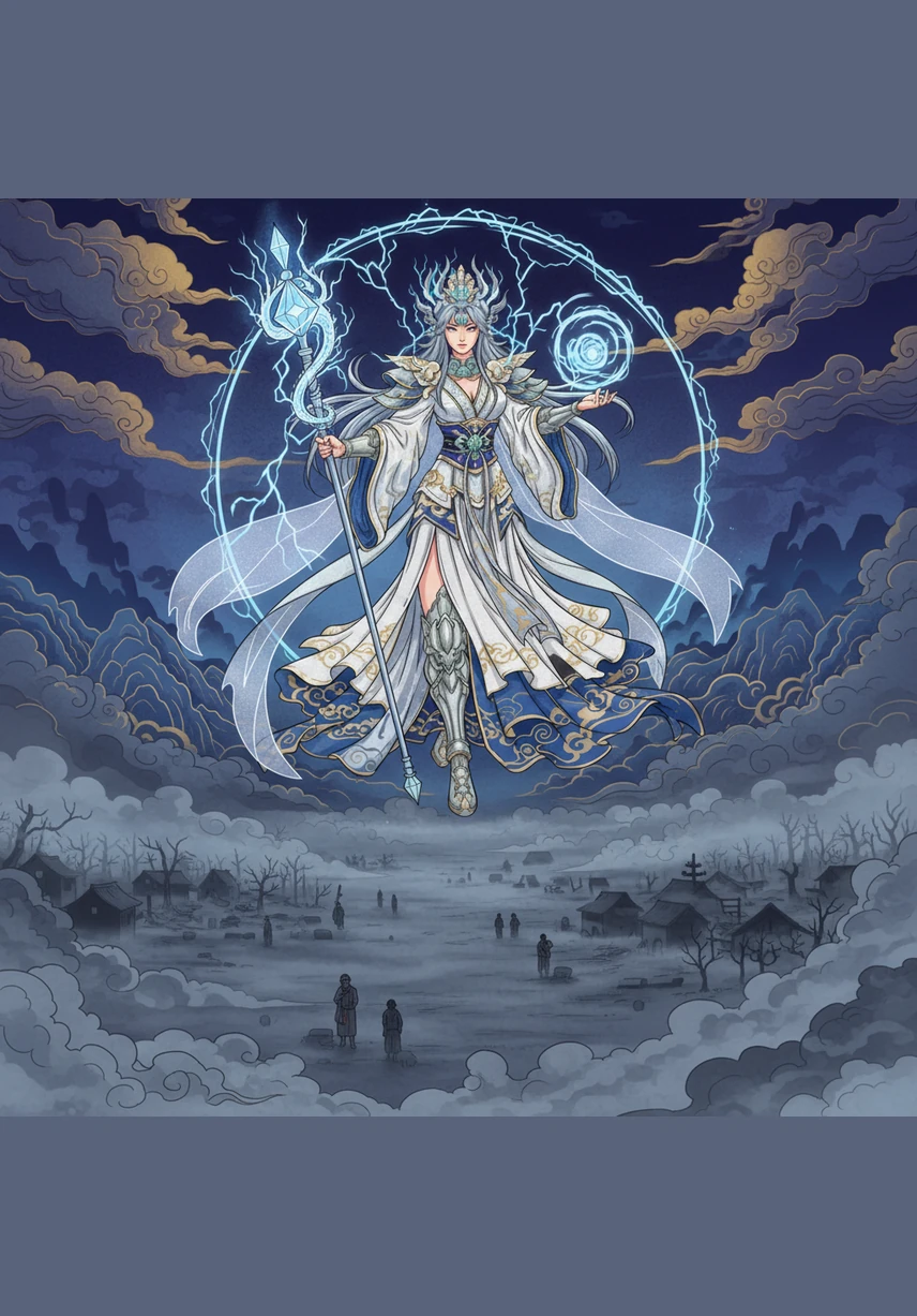 Looking down through the layers of clouds, Astraea sees a land draped in a heavy, suffocating gray mist where no light can reach. The silent forests and quiet villages below are frozen in a world that has forgotten the brilliance of the sky.